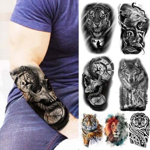 Black Compass Skull skeleton Temporary Tattoos For Men Adults Realistic Tiger Lion Wolf Totem Fake Tattoo Sticker Arm Tatoos