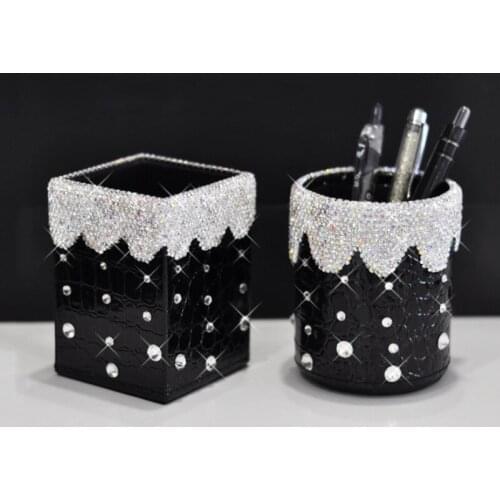 Crystal Diamond Pen Holder Organizer Fashion Office Desktop Decoration Stationery Leather Makeup Brush Storage Box Gifts