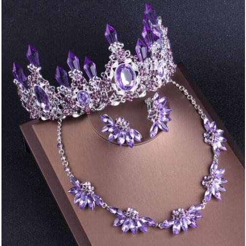 Baroque Crystal Purple Accessories Bridal Jewelry Sets Necklaces Earrings Big Crown Tiaras Set African Beads Jewelry Set Wedding