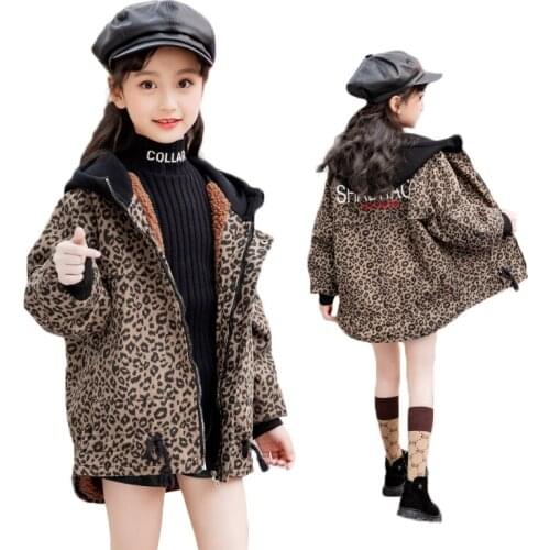 Boys & Girls Fashion Leopard Denim Jacket Childrens Velvet Hooded Coat Teenager Kids Casual Windbreaker Outerwear Clothes B249