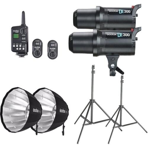Photo studio kit 2x Godox DE300 Studio Flash + Portable P90L 90CM Deep Parabolic Softbox + FT-16 Trigger + Light Stand Kit