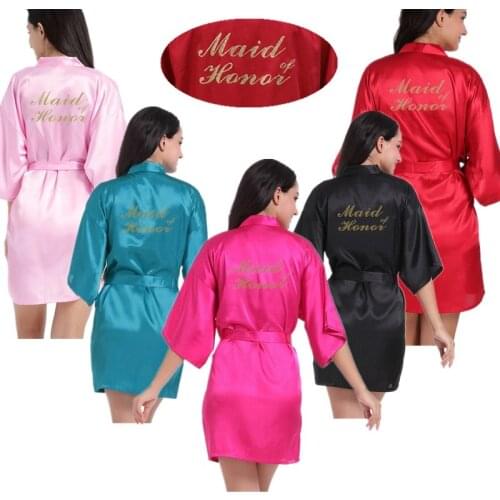 Wholesale Maid of Honor Letter Gold Glitter Women Solid Satin Kimono Robes For Wedding Party Birthday Bathrobes T4