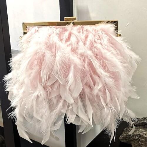 Autumn Winter Luxury Real Ostrich Feather Handbag Women Evening Bags Purse Pink White Dinner Party Clutches Ladies Messenger Bag
