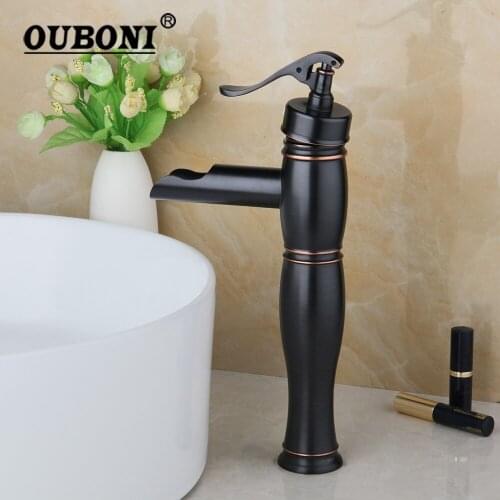 OUBONI ORB Black Bathroom Faucet Waterfall Deck Mounted Bamboo Shape Basin Sink Faucet ORB Black Bathroom Mixer Tap