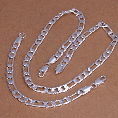 S169 Hot Sale Free Shipping Silver Fine 925 Jewelry Set Wholesale Sterling-Silver Charm Fashion 8M Flat Figaro Bracelet Necklace