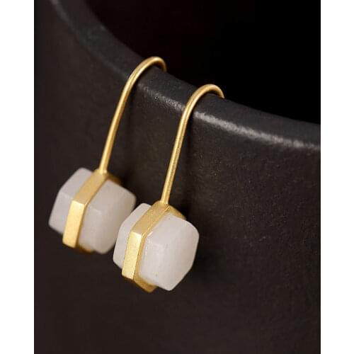 Natural Hetian Jade S925 Sterling Silver Hexagonal White Jade Earrings Honeycomb Personality All-Match Gold Inlaid with Jade Ear