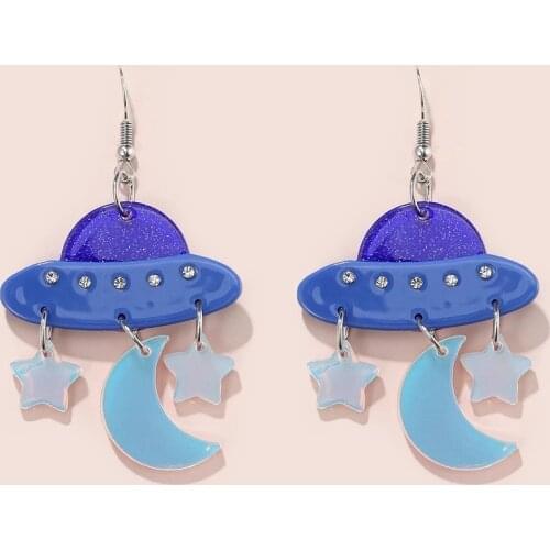 Trend Cool UFO Blue Star Moon Earrings for Women Unusual Hanging Woman Earring Statement Funny Creative Earrings Jewelry