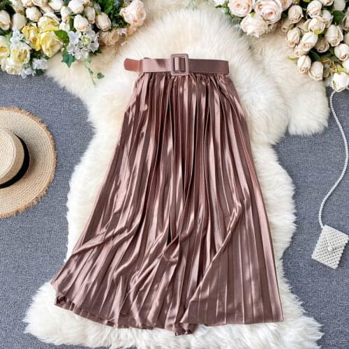 Chic Velvet Pleated Skirts New 2021 Autumn Winter New High Waist Womens Long Skirts with Belt Korean Style Skirts Female