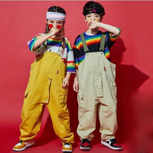 Hip Hop Dance Costumes Girls Rainbow Short-Sleeved Top Loose Suspenders Jumpsuit Street Dancing Clothes Stage Show Wear DN6504