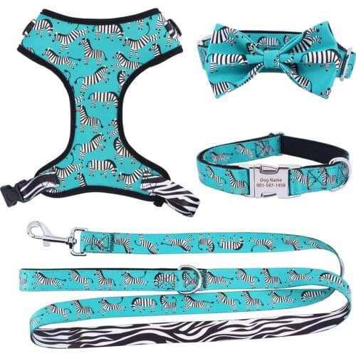 Green zebra dog collar bowtie with leash,matching harness for big, small dog with rose gold metal buckle