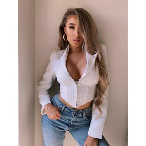 2021 White Sexy V Neck Casual Skinny Women Autumn Long Sleeve Jacket Coat Streetwear Vintage Fashion Korean Femme Outwear