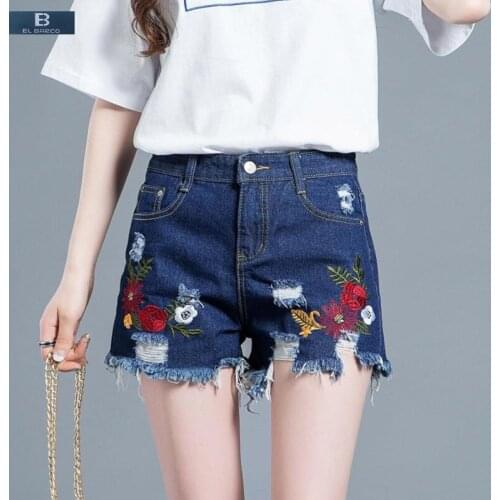 [EL BARCO] New Arrival Floral Embroidery Women Denim Shorts Jeans Cotton High-Waist Ripped Hole Blue Female Summer Casual Shorts
