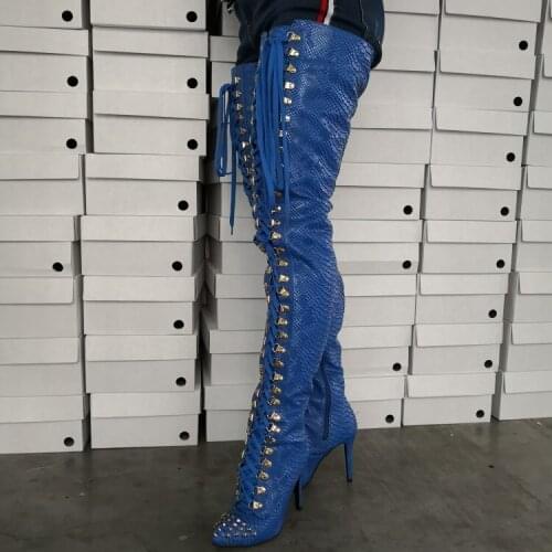 New Thigh High Boots Studded Sexy Snake Skin Stiletto High Heels Boots Blue Party Prom Night Club Shoes Woman Plus US Size 14 15