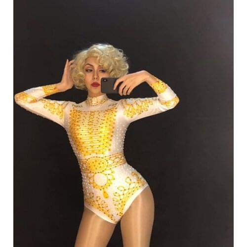 Women Sexy White Bodysuit Gold Sparkling Crystal DJDS Jumpsuit Nightclub Party Stage Wear for Female Dancer Singer Bling Costume