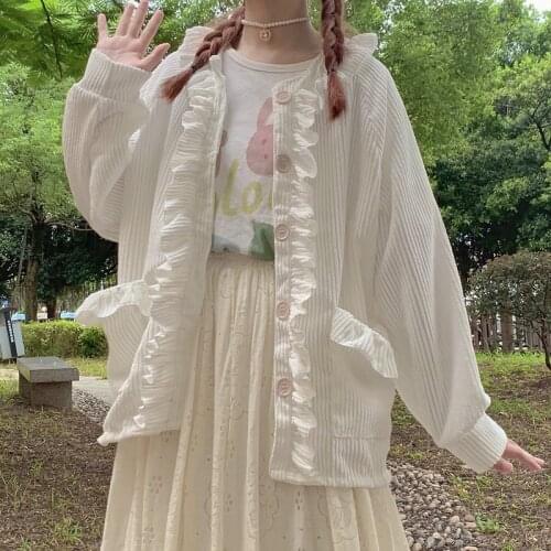 Japanese Autumn New Preppy Style Sweet Coat Girl Kawaii Ruffles Corduroy Lantern Sleeve Single Breasted Loose Cardigan Coats Y2k