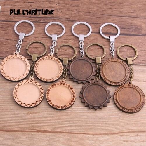 2pcs 30mm 4 Style Round Wood Cabochon Settings Metal Keyring Accessories Diy Blank Wooden Base Trays For Key Chain