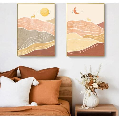 Nordic Abstract Landscape Wall Art Modern Deer Canvas Painting Sun and Moon Posters Prints Picture for Living Room Home Decor