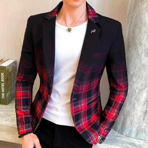 2020 Spring New Colorblock Plaid Blazer Men Slim Casual Man Blazers Wedding Business Party Clothing Dress Men Coats