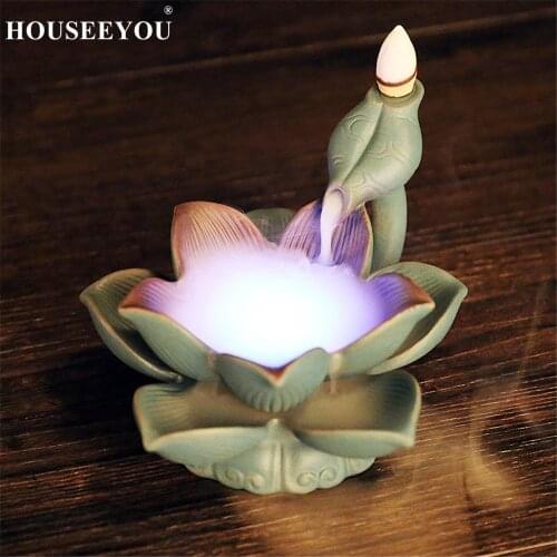 Ceramics LED Lotus Incense Burner Waterfall Backflow Incense Holder Aroma Smoke Fountain Censer Meditation Yoga Prayer Furnace