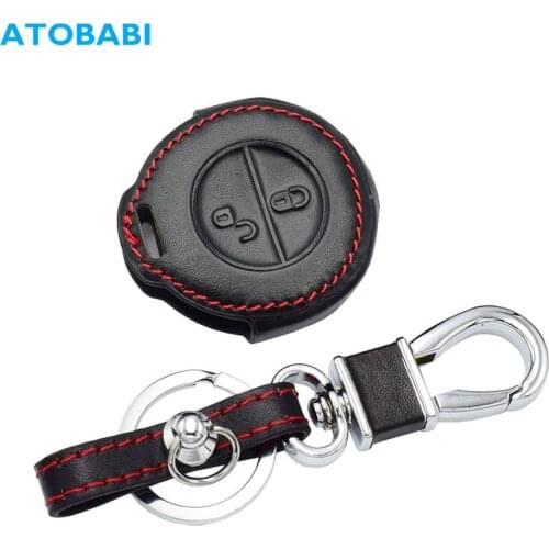 Leather Car Key Case For Mitsubishi Colt Warior Carisma Spacestar Remote Fob Shell Cover 2 Buttons Key Bag Keychain Accessories