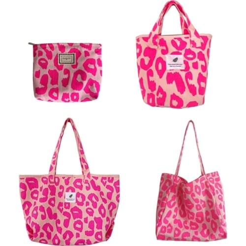 Fashion Women Handbag Canvas Shoulder Bag Pink Leopard Bucket Bags Clutch Purses Tote Casual Cloth Underarm Bags