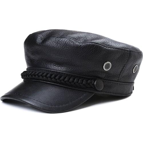 Mens And Womens Fashionable Leather Braided Flat Top Military Cap With Head Leather Sea Caps New Russian Hat Keeps Warm In Aut