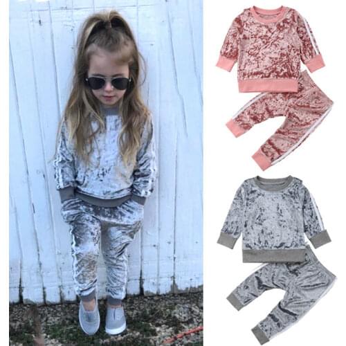 2020 Autumn Winter Velvet Kids Baby Girls Clothes Sets Solid Long Sleeve T-shirt Tops + Pants 2PCS Outfit Sets 1-5T Dropshipping