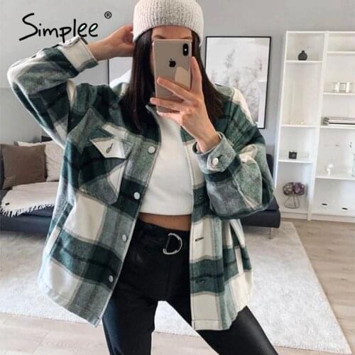 Simplee Casual plaid women blouse tweed coat Buttons pockets female blend coats Streetwear long sleeve loose ladies jackets 2020