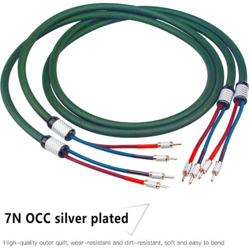 Pair HiFi Audio Line 7N OCC Silver Plated Speaker Cable Carbon Fiber Pure Copper Banana To Spade Plug