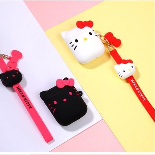 Hello Kitty Silicone Earphone Case for Airpods 1/2 Waterproof Anti-Fail Shockproof Earphone Protective Case with Anti-Lost Rope