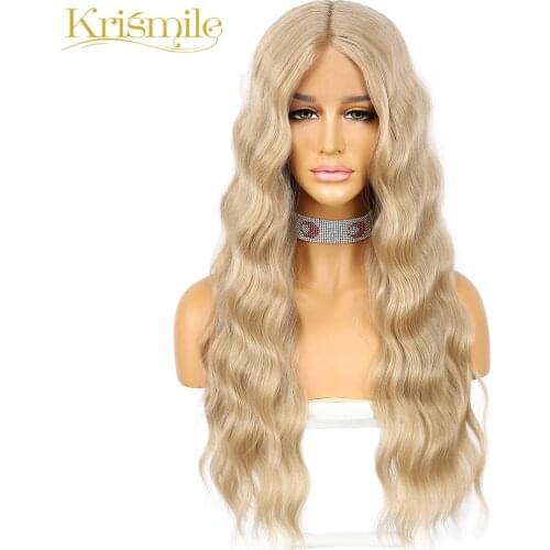 Krismile Curly Synthetic Wigs T Part Lace 103# Blonde Color Middle Part High Temperature Party Cosplay Daily Drag Queen 26inches