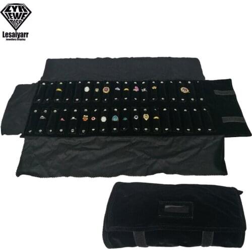 Ring Jewelry Display Roll Bag Pouch 36 Bars Black Velvet Rings Organizer Storage Bag Exhibition Carrying Case Travel Roll Bag
