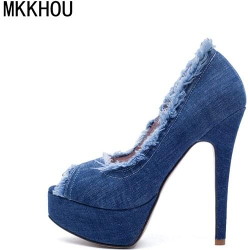 MKKHOU Fashion Single Shoes Womens New Denim Pumps Fish Mouth Thick Bottom Thin Heel 14cm Super High Heel Fish Mouth Shoes