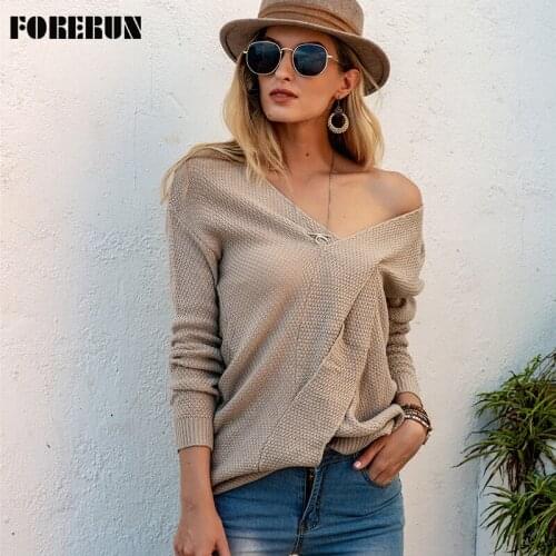 FORERUN Knitted Sweater Pullover New V-neck Asymmetric Twist Jumper Solid Autumn Winter Casual Pull Femme Jersey Mujer