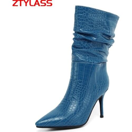 2021 Autumn Women Boots Print Pu Leather High Heel Ankle Boots Slip On Pointed Toe Winter Boots Shoes Big Size 41 42 43 Black