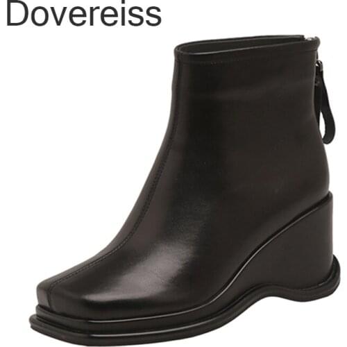 Dovereiss Fashion Womens Shoes Winter Goth Genuine Leather Platform Zipper off-white Wedges Ankle Boots Block Heels New 40