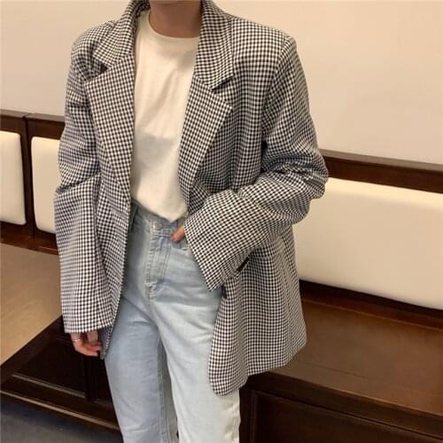 2021 Autumn Winter Vintage Plaid Blazer Women Single-breasted Pocket Loose Blazer Jackets Casual Female Oversize Suit Coats