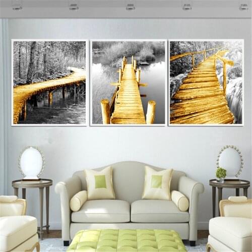 Golden Bridge Yellow Poster Nordic Modern Canvas Wall Art Print Europe Landscape Painting Home Decoration Kitchen Bedroom Decor