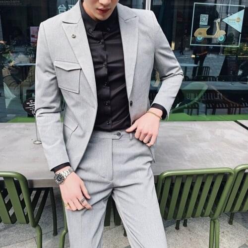 2020 Suits Smoking Slim Fit Gray Black Mens Blazer With Latest Coat Pants Designs Vestidos Elgantes Para Hombre