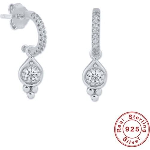 BOAKO C-shaped Zircon Crystal Stud Earrings 925 Sterling Silver Earrings with Drop Shape Pendant For Women Aretes De Mujer 1Pair