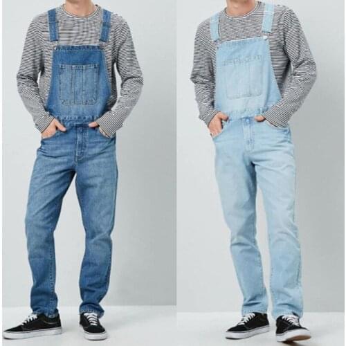 Mens Fashion Jeans Jumpsuit Casual Straight Sleeveless High Waist Denim Overalls Male Loose Suspender Cargo Pants Streetwear