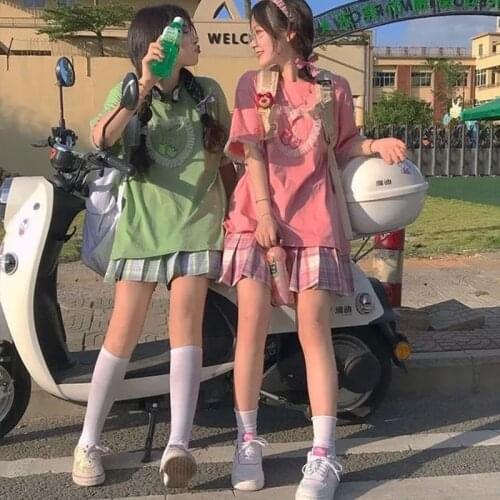 O-neck T-shirt women Harajuku japan style Sweet Girls Tops tee E-girl Y2K clothes Summer street Cherry Print Lace Short Sleeve