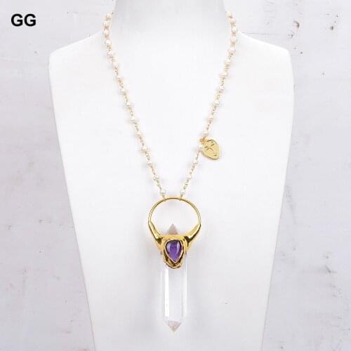 GuaiGuai Jewelry Cultured White Pearl Rosary Chain Necklace White Quartz Biwa Pearl Pendant 19"