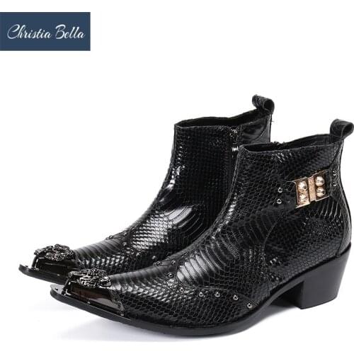 Christia Bella Italian Men Party Ankle Boots Mid Heel Increase Height Motorcycle Boots Zipper Rivets Short Boots Winter Shoes