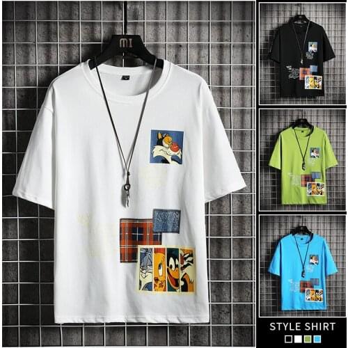 Mens Cartoon Short-Sleeved T-Shirt 2021 Summer New Loose Boys Leisure Park Round Neck Half-Sleeved Bottoming Shirt Trendy Top