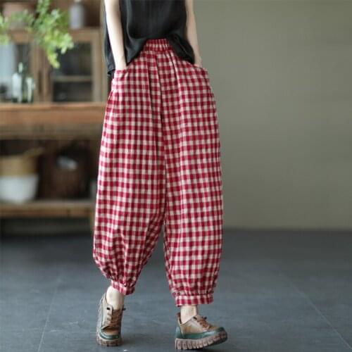 2021 Summer Autumn New Retro Literary Plaid Cotton Linen Women Trousers Big Size Elastic Waist Thinner Harlan Casual Pants