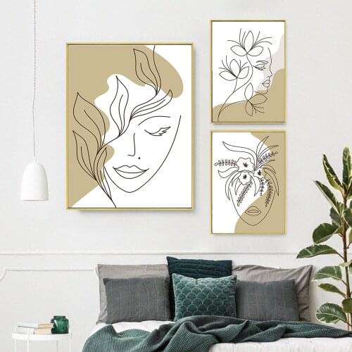 One Line Drawing Abstract Female Face Portraits with Flowers Minimalist Posters Prints Wall Pictures for Living Room Home Decor