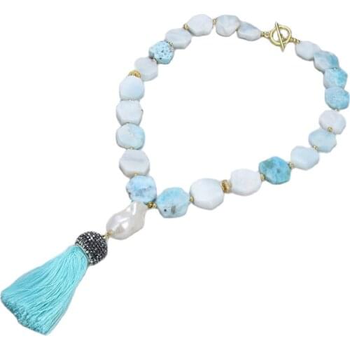 JK Natural Hexagon Blue Larimar choker Necklace Natural Baroque Keshi Pearl CZ Pendant Tossel Tassel for women lady