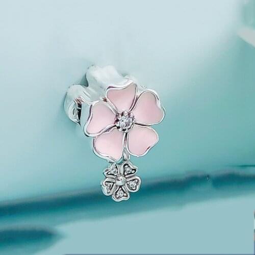 Authentic 925 Sterling Silver Beads Pink Plum Blossom Blooming Enamel Beads Fit Original Pandora Bracelet For Women Diy Jewelry