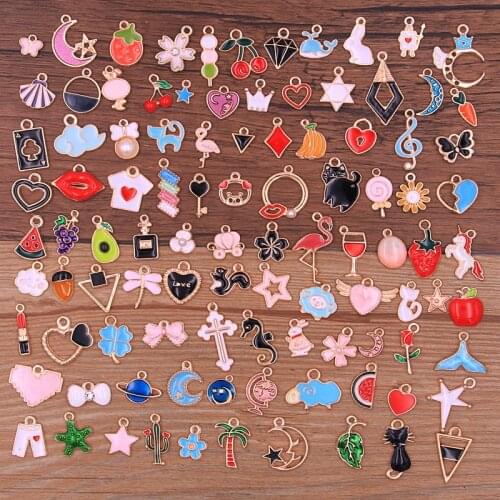 100PCS Different Styles Mix Size Color Alloy Metal Drop Oil Charms KC Gold Pendant For DIY Bracelet Necklace Jewelry Making